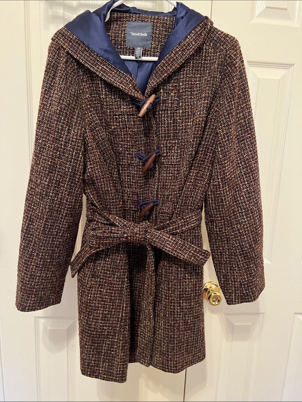 Modcloth Brown Tweed Hooded Toggle Coat with Navy Lining